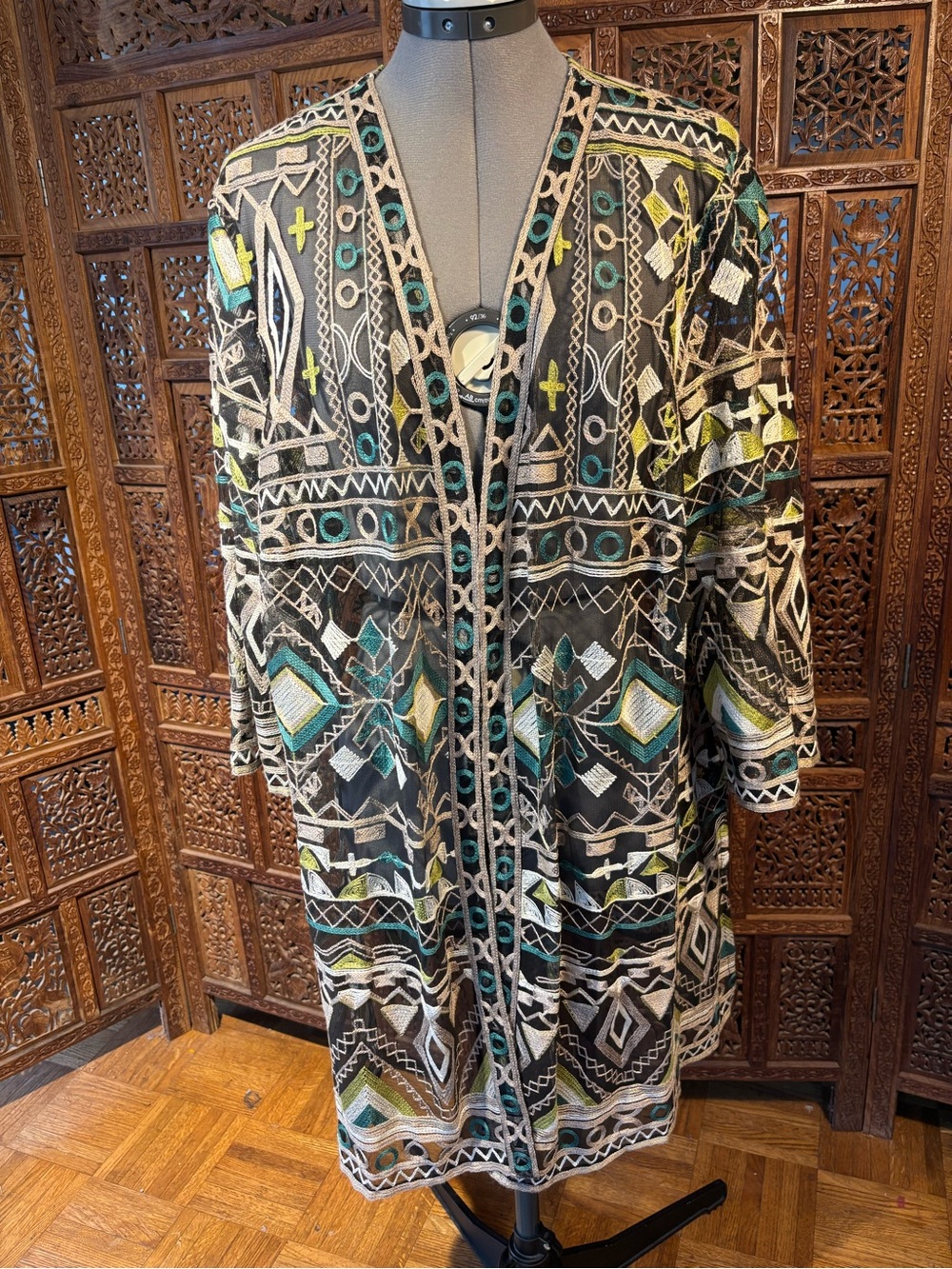 Catherines Black Wrap/cardigan with Teal, Lime & Cream Embroidery